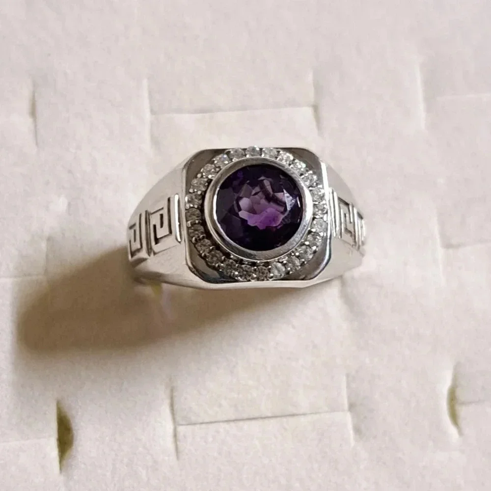 Amethyst & White Zircon Men's Ring Platinum Over Sterling Silver